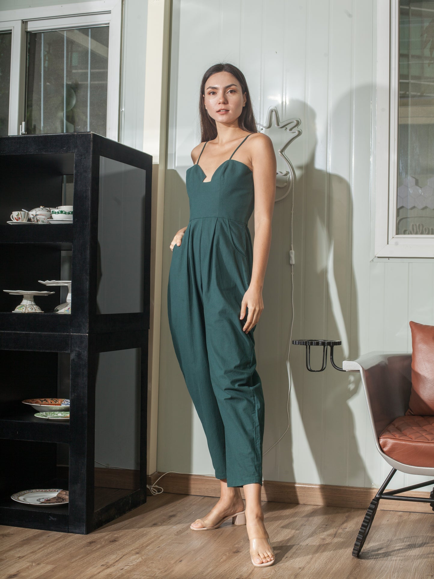Sweetheart Baggy Jumpsuit in Dark Emerald Linen