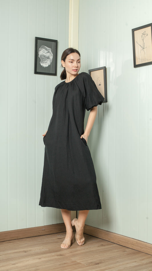 Shirred Neckline Detail Mushroom Sleeve Midi Dress — Black