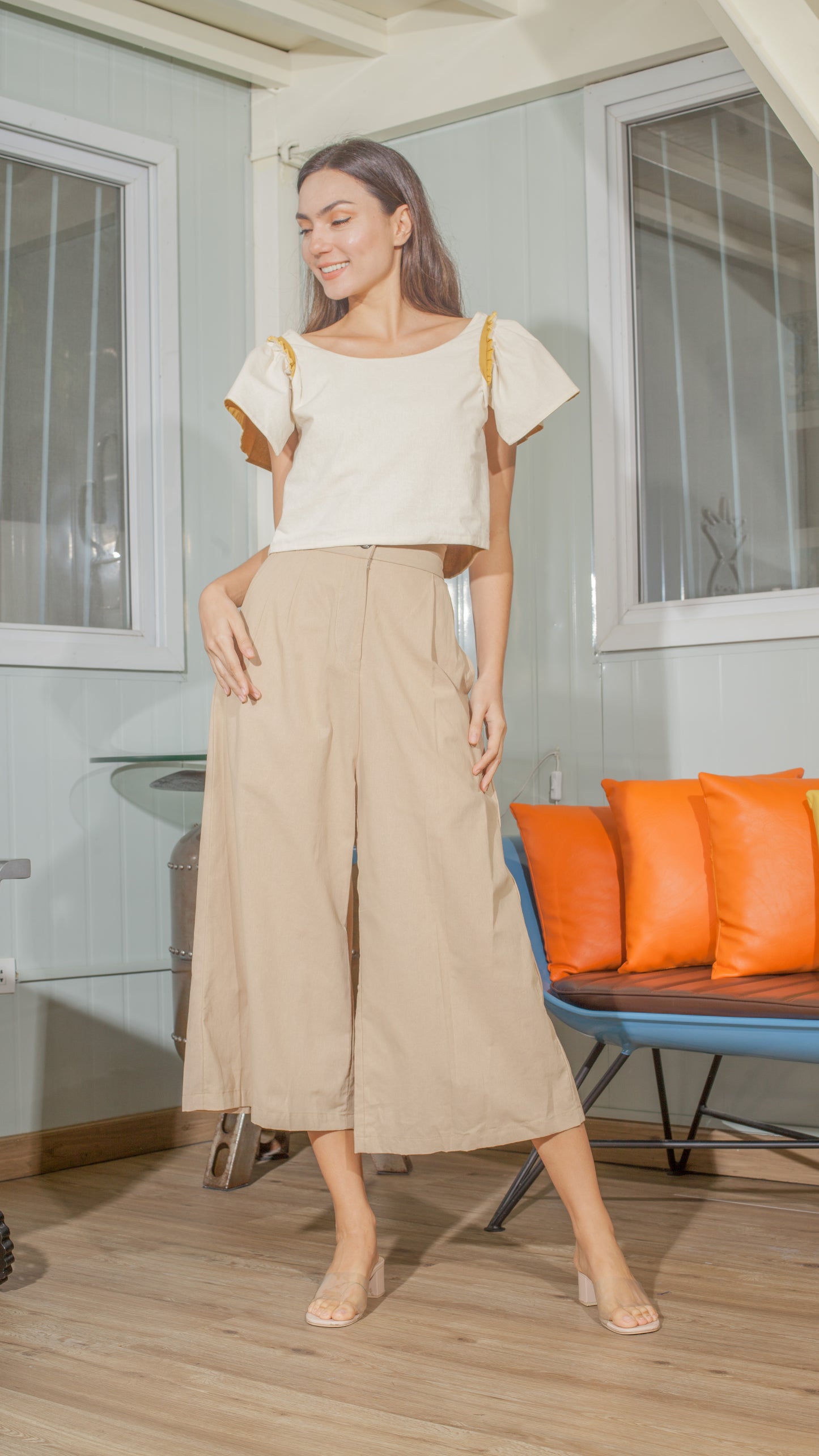 Single Button Front Zip Flat Front Waistband Back Elastic Wide Hem Pants — Nude