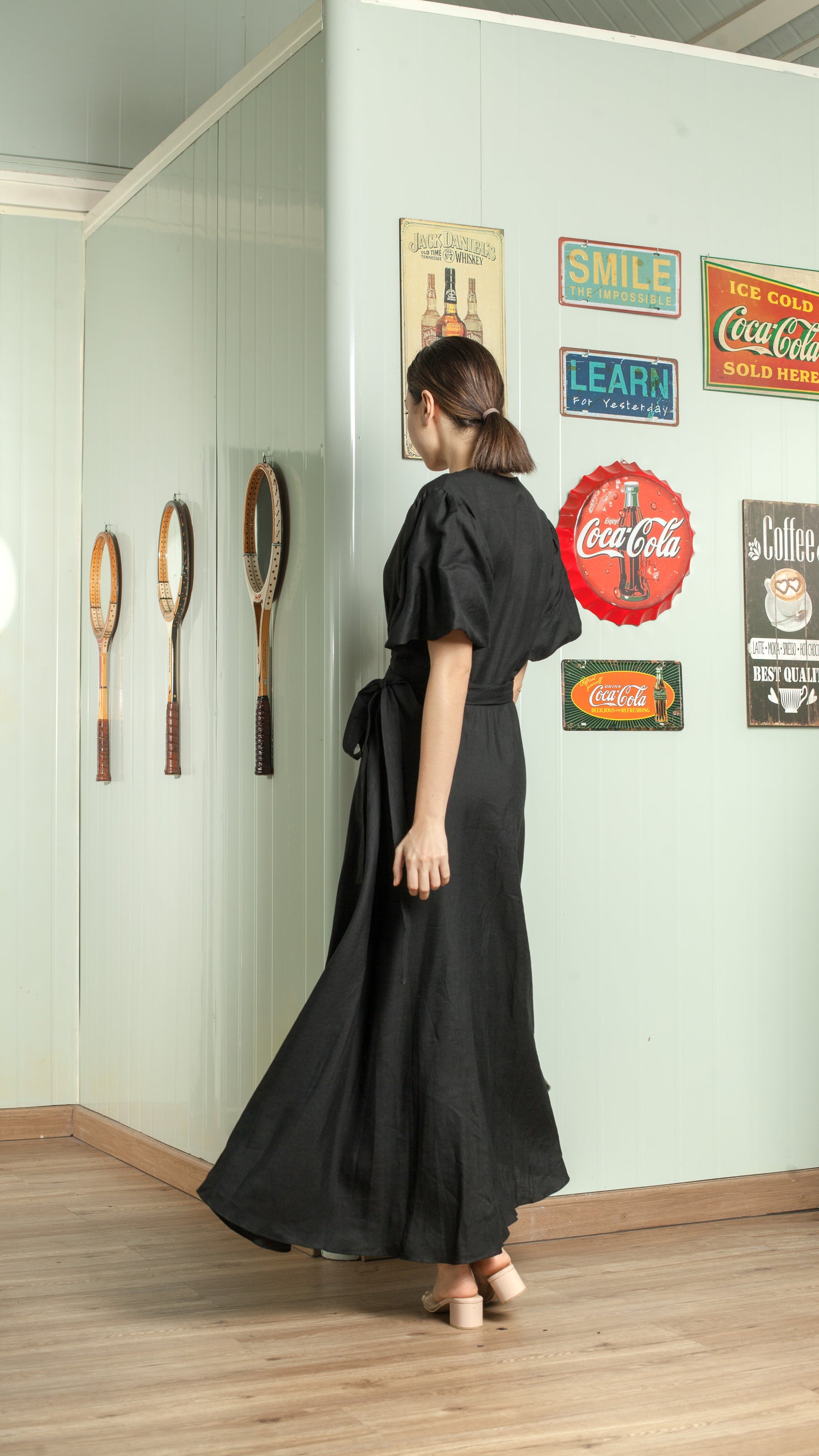 Short Mushroom Sleeve Wrap Long Dress — Black