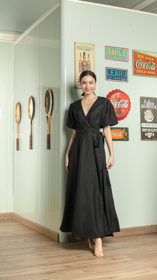Short Mushroom Sleeve Wrap Long Dress — Black