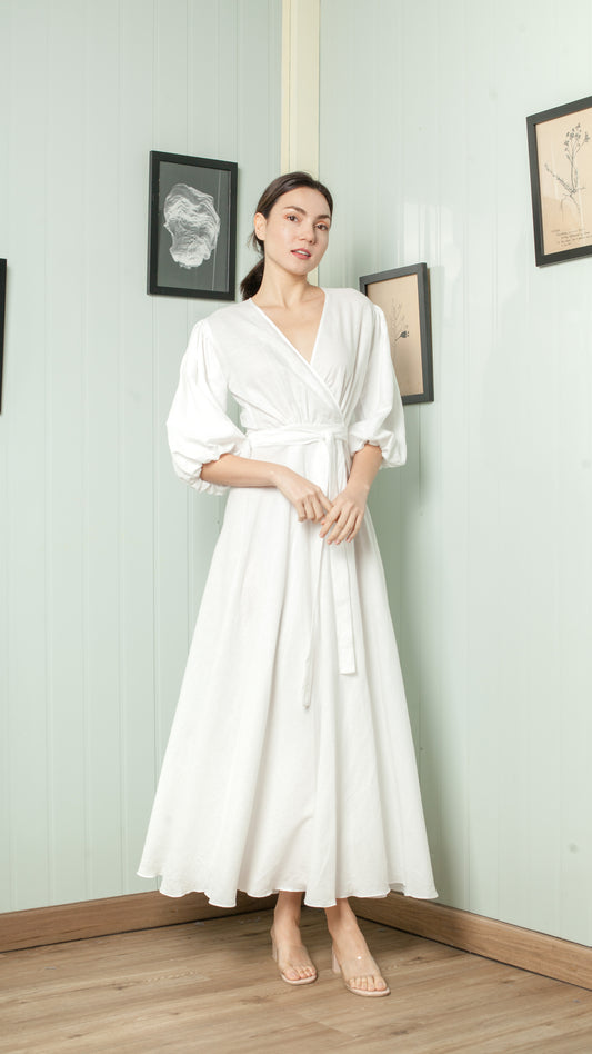 3/4 Mushroom Sleeve Wrap Long Dress — White
