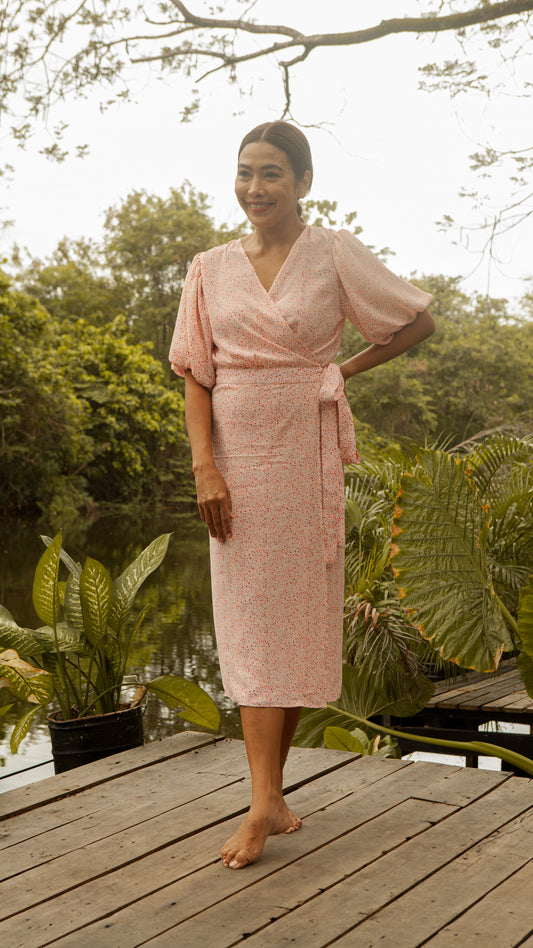 Short Mushroom Sleeve Wrap Midi Dress — Floral