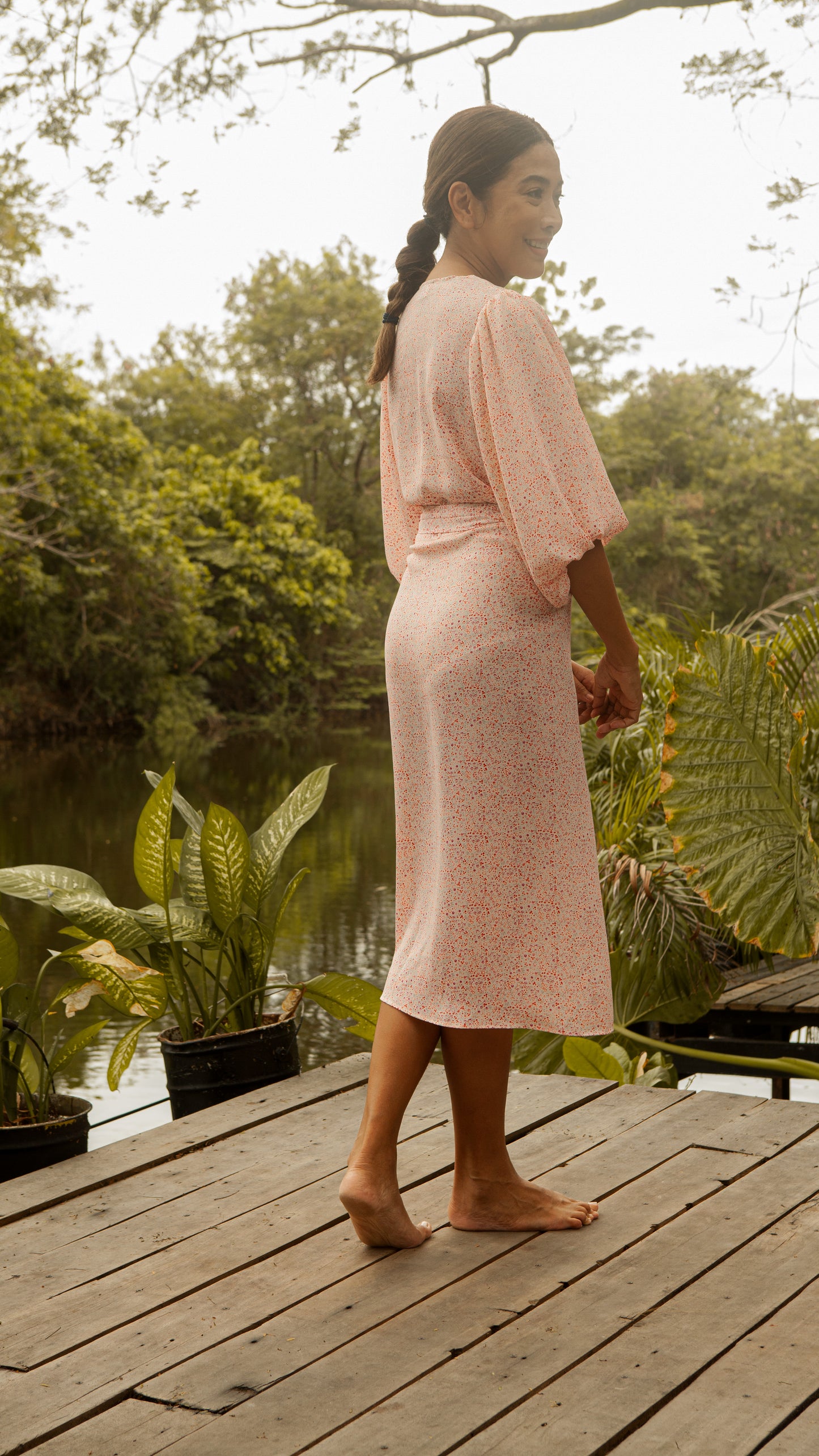 3/4 Mushroom Sleeve Wrap Midi Dress — Floral