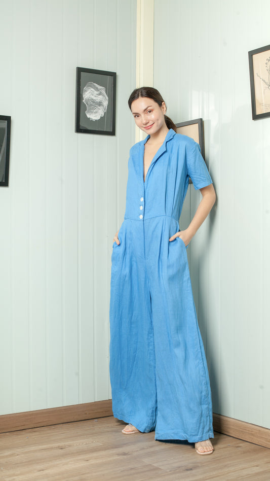 Four Button Lapel Wide Hem Jumpsuit — Azure Blue