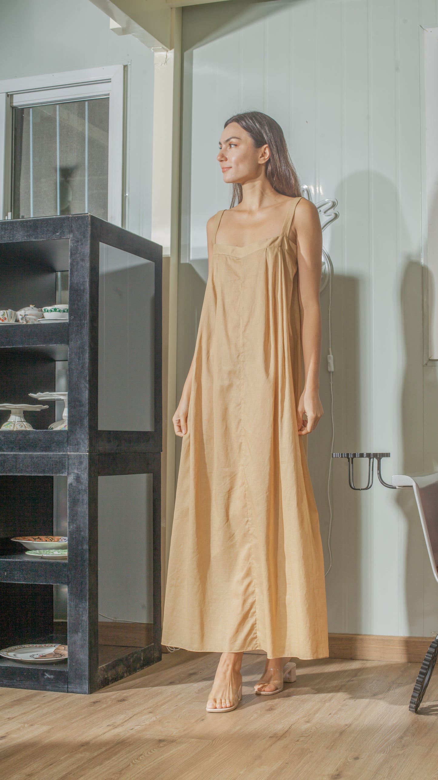 Tie Back Ribbon Dress in Nude Lightweight Cotton Weave