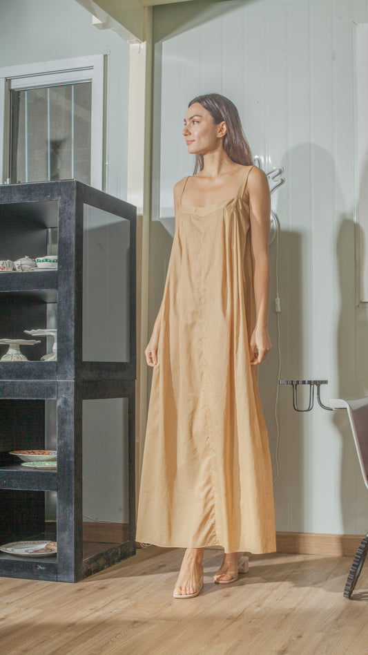 Tie Back Ribbon Dress in Nude Lightweight Cotton Weave