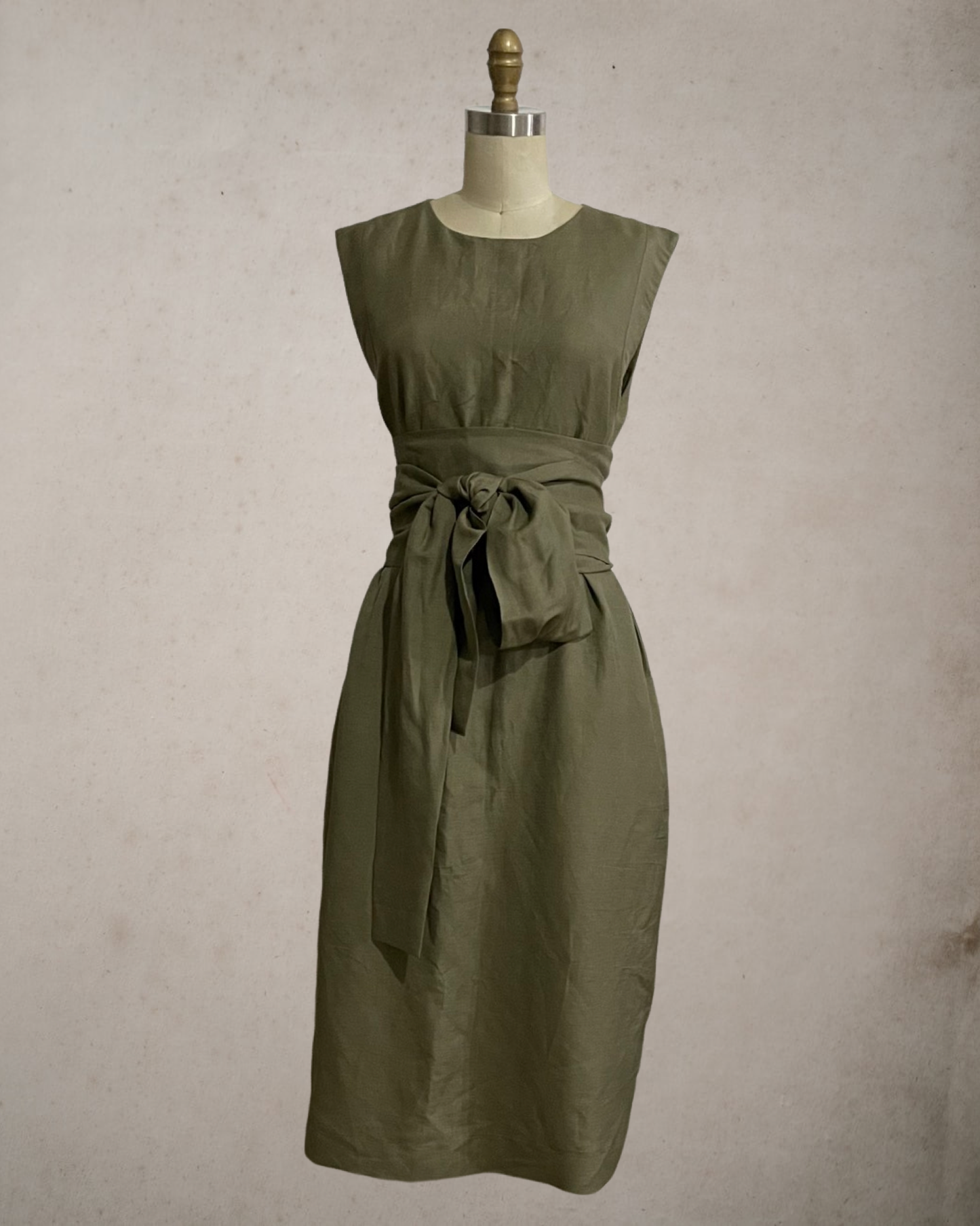 Wide Wrap Belt Dress — Fatigue Green Linen