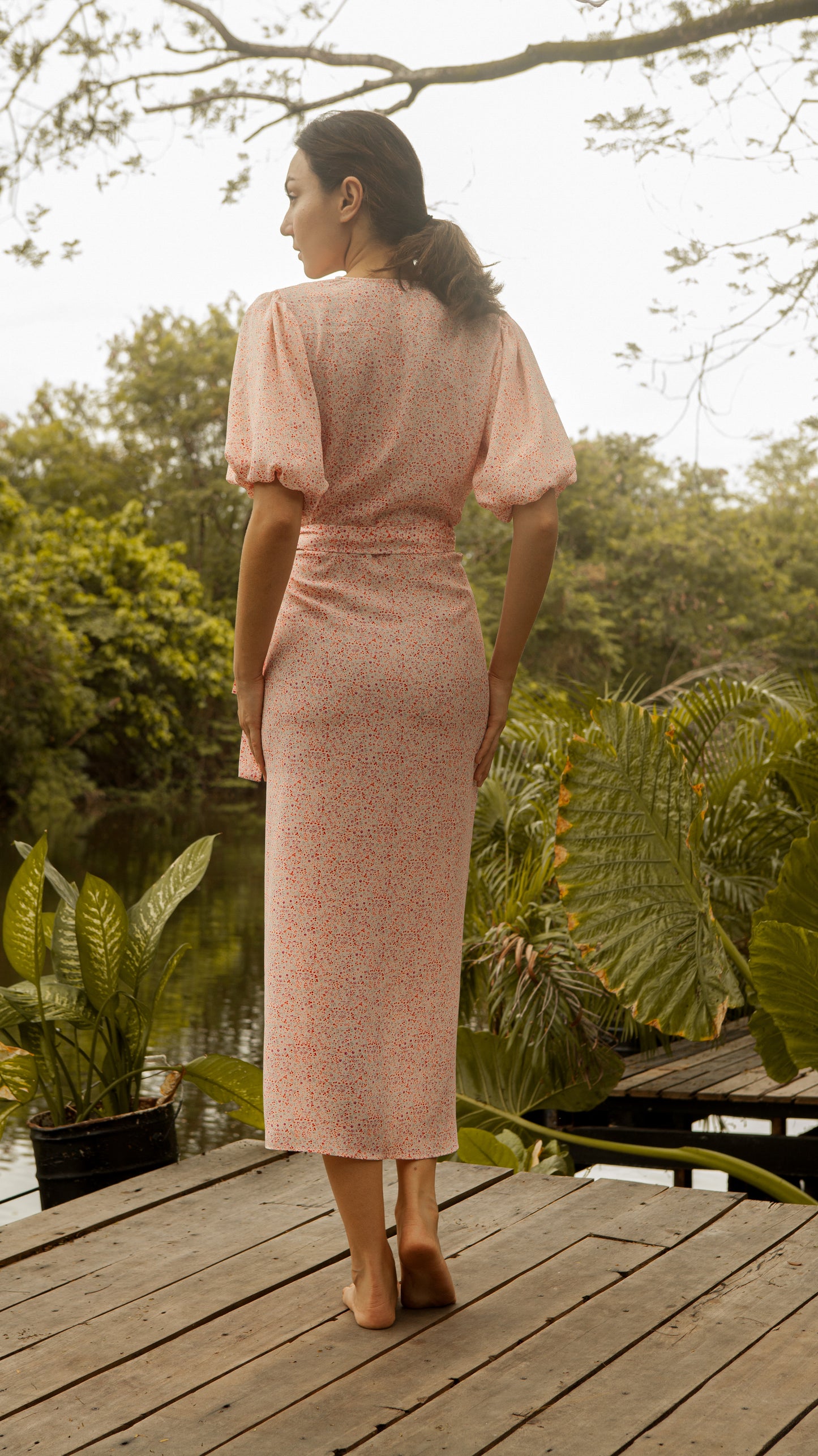 Short Mushroom Sleeve Wrap Long Dress — Floral