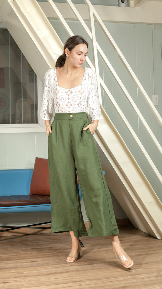 Single Button Flat Front Waistband Back Elastic Wide Hem Pants — Army Green