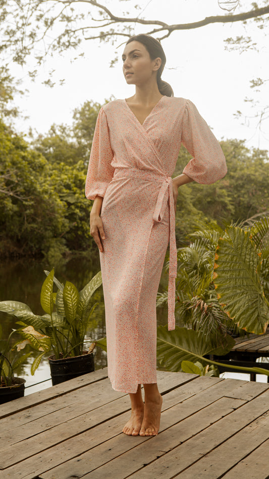 3/4 Mushroom Sleeve Wrap Long Dress — Floral