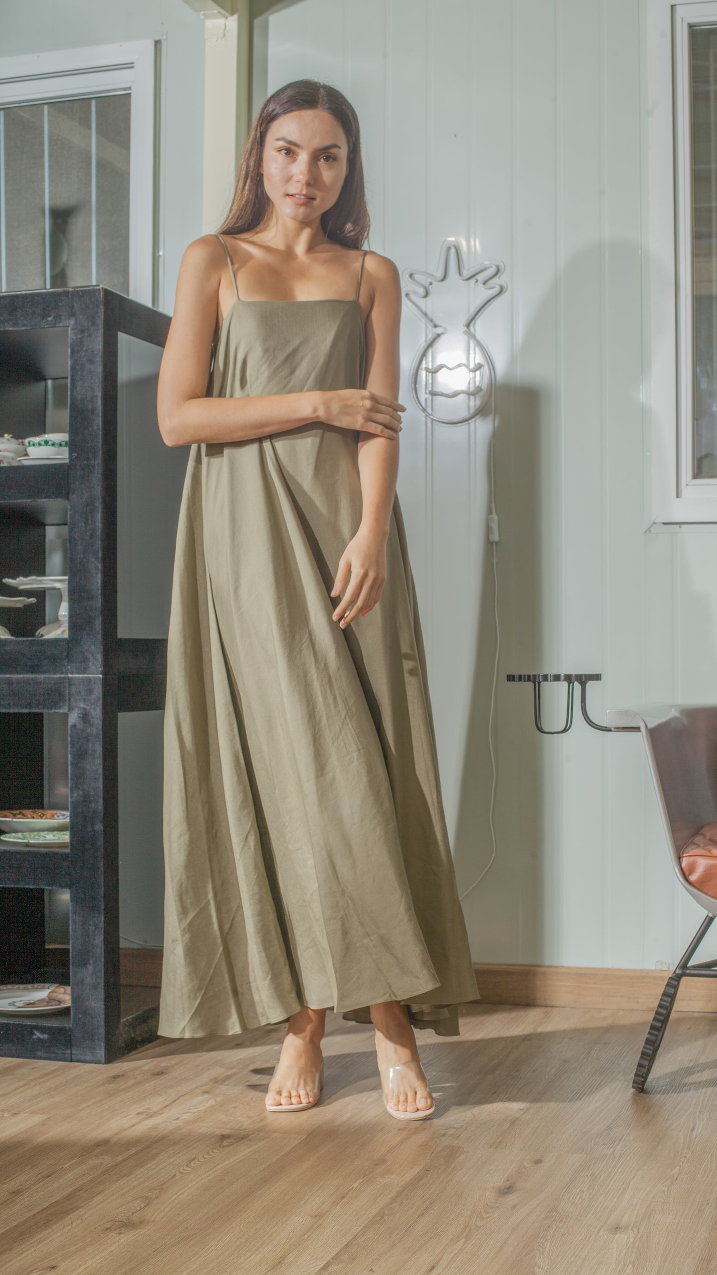 Spaghetti Strap Balloon Dress in Fatigue Green Linen