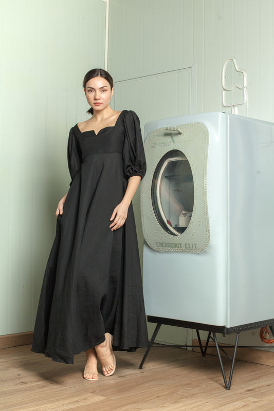 Sweetheart V Cutout Puff Sleeve Long Dress