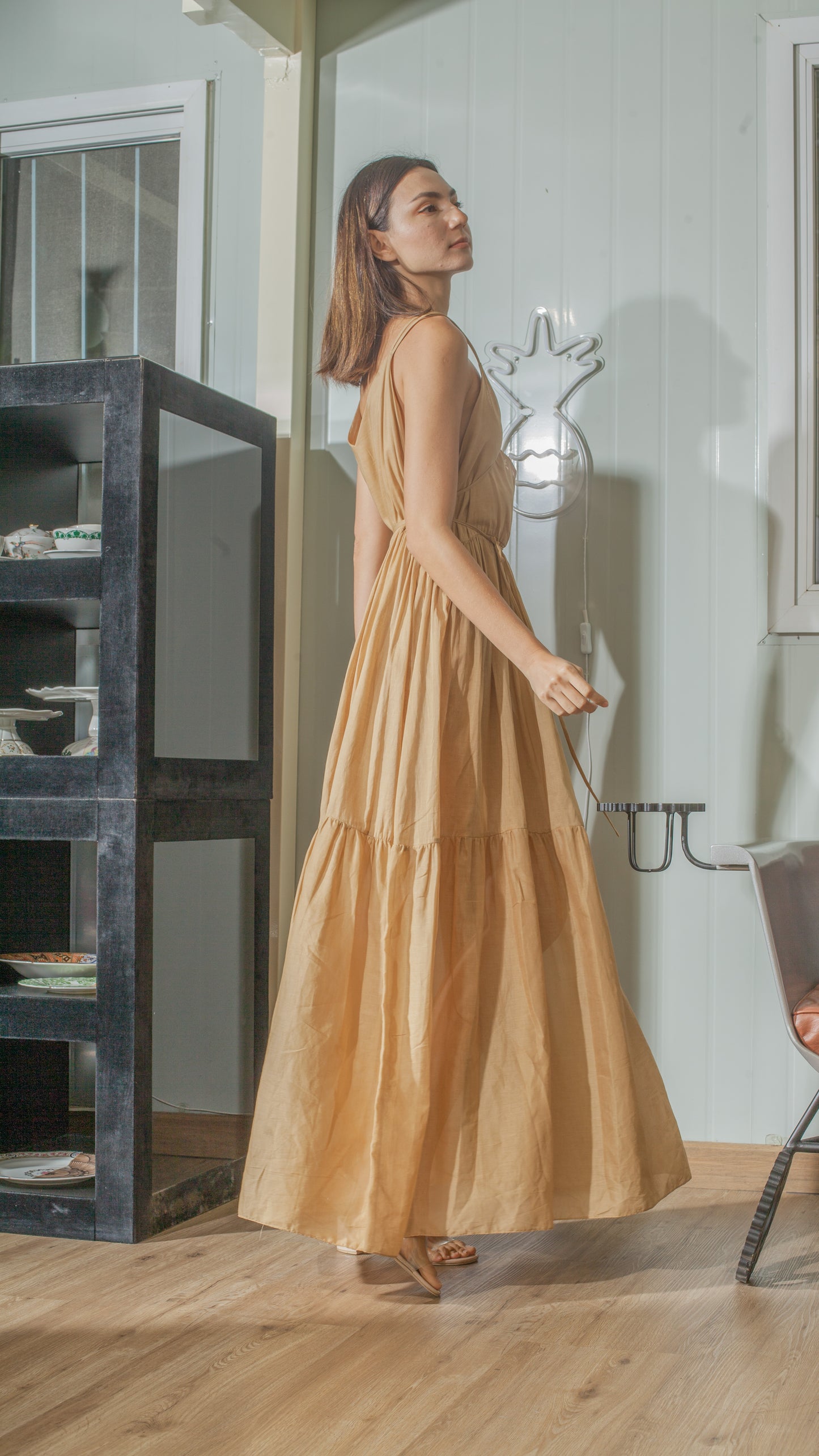 Double Strap V-Neckline Long Dress in Nude Lightweight Cotton Weave