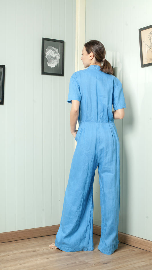 Four Button Lapel Wide Hem Jumpsuit — Azure Blue