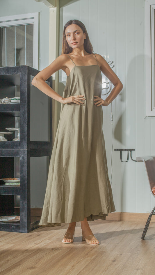 Spaghetti Strap Balloon Dress in Fatigue Green Linen