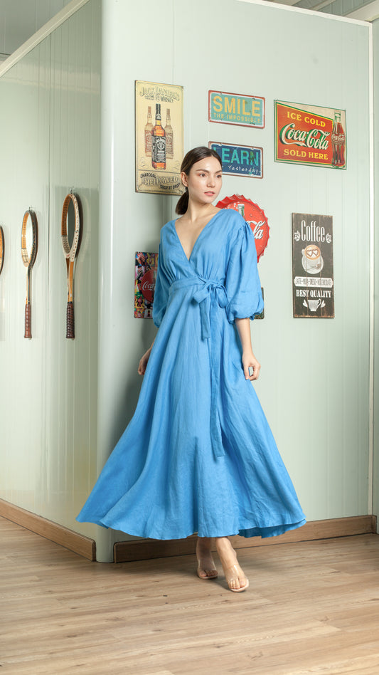 3/4 Mushroom Sleeve Open Back Wrap Long Dress — Azure Blue