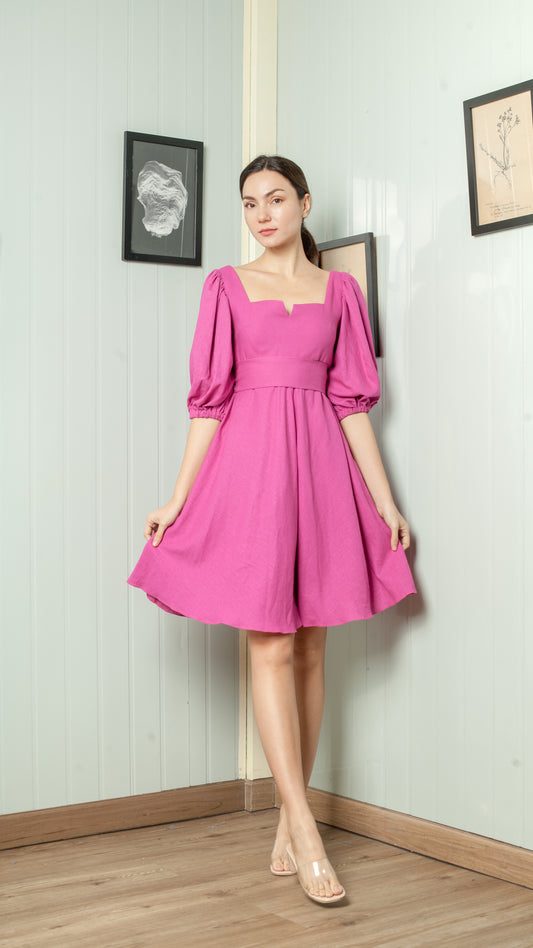 Sweetheart V Cutout Puff Sleeve Doll Dress — Magenta