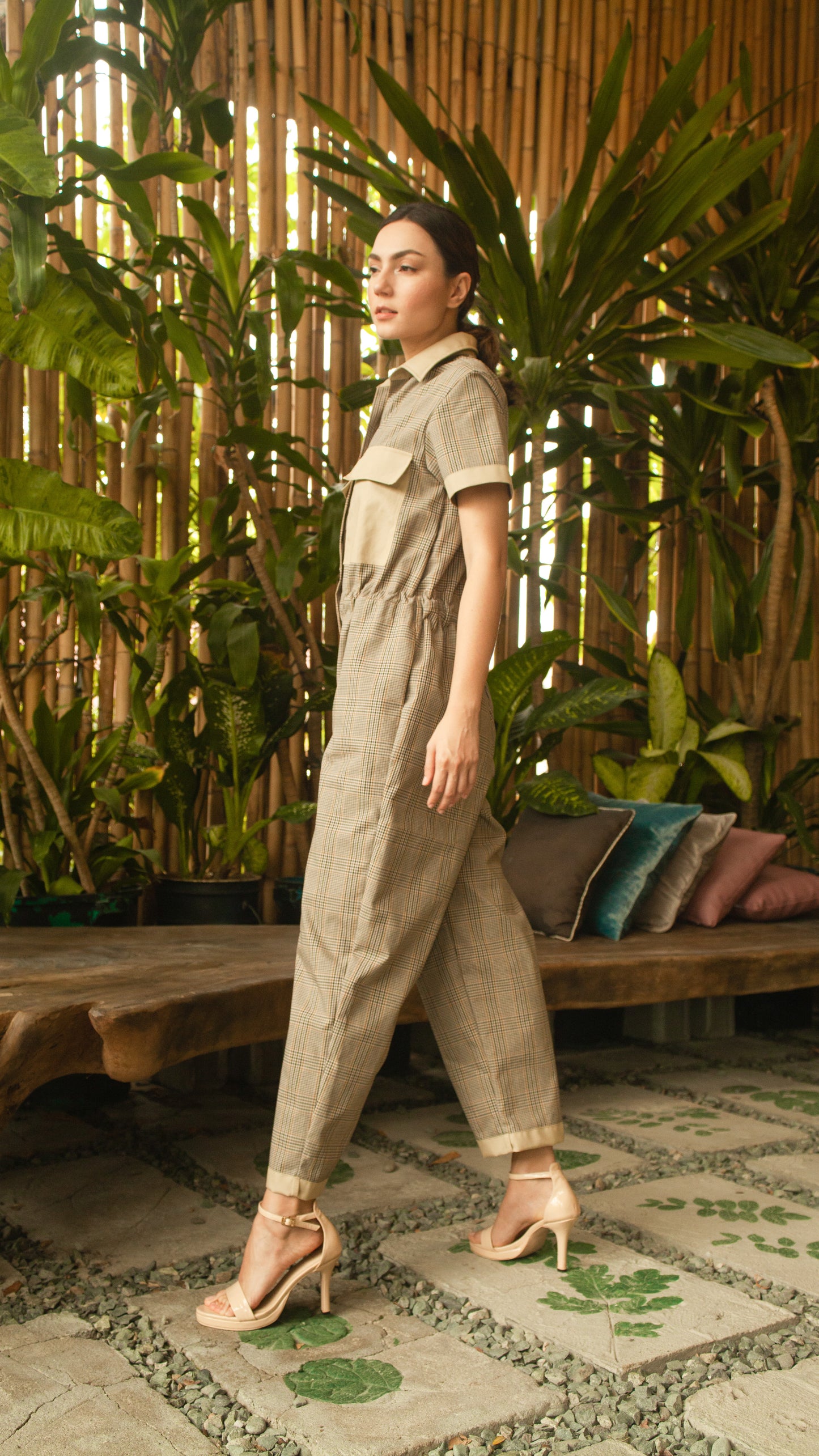 Elastic Waist Oversized Short Sleeve Baggy Jumpsuit — Checkered / Khaki