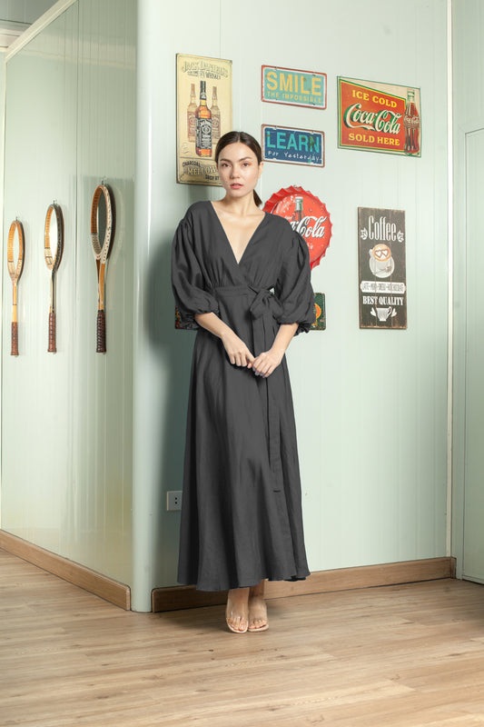 3/4 Mushroom Sleeve Wrap Long Dress — Black