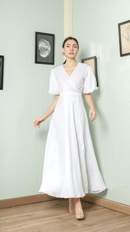 Short Mushroom Sleeve Wrap Long Dress — White