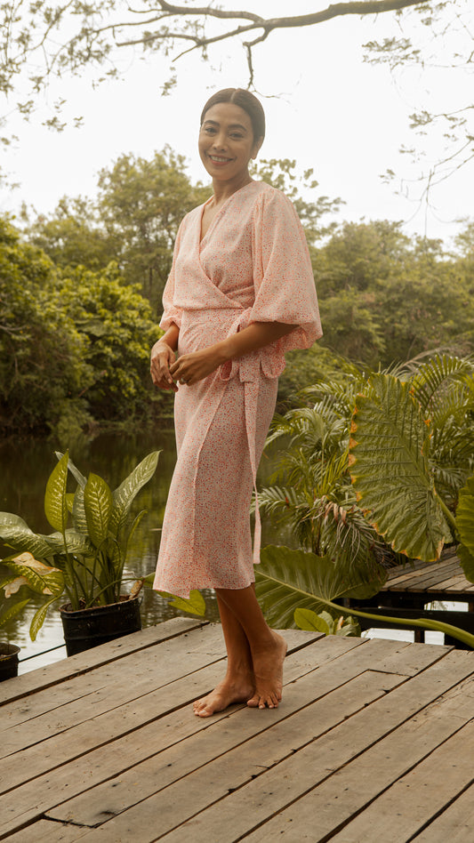 3/4 Mushroom Sleeve Wrap Midi Dress — Floral