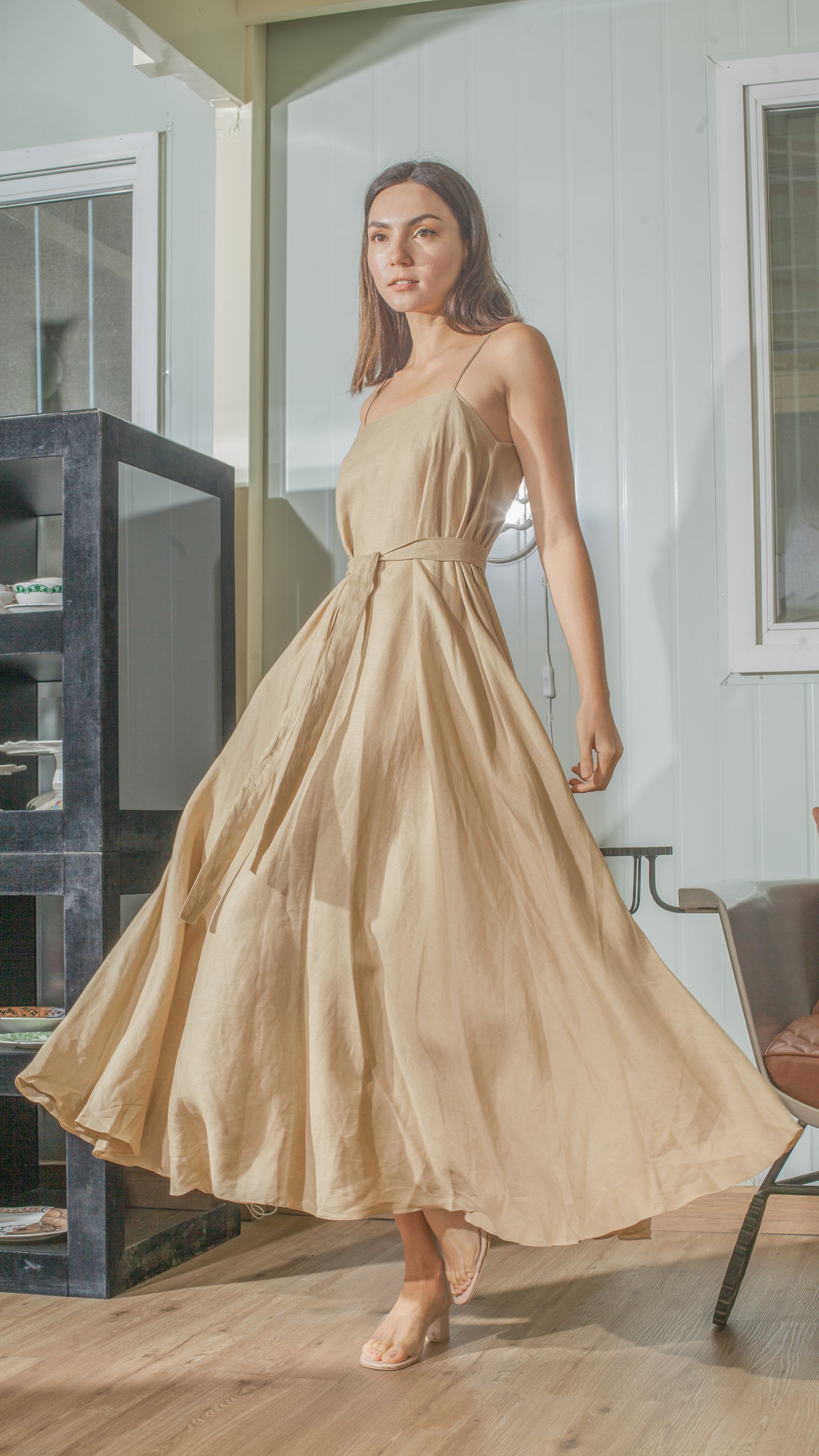 Spaghetti Strap Balloon Dress in Tan Linen