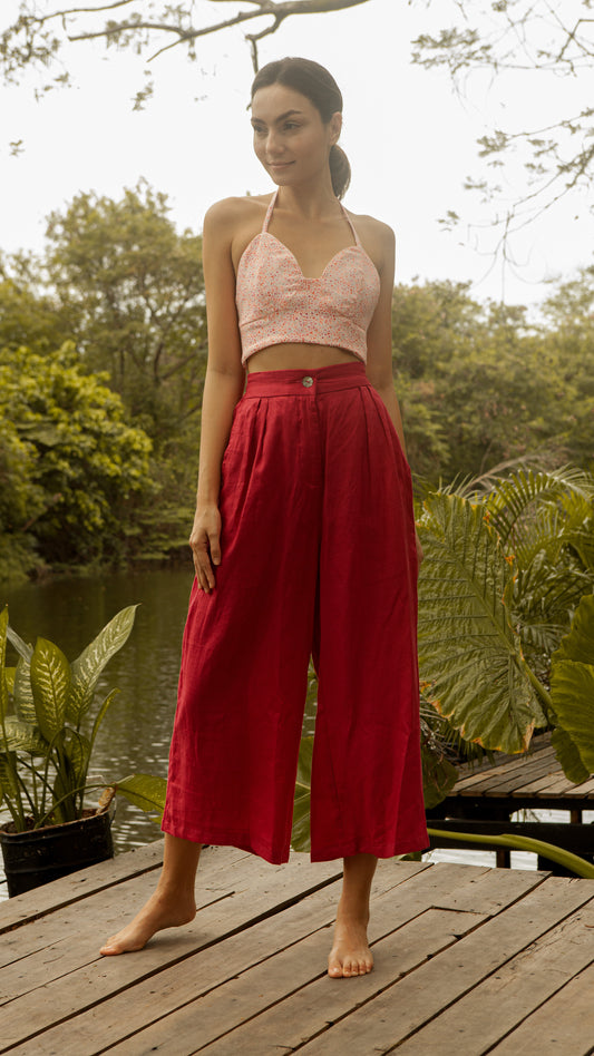 Single Button Front Zip Flat Front Waistband Back Elastic Wide Hem Pants — Maroon