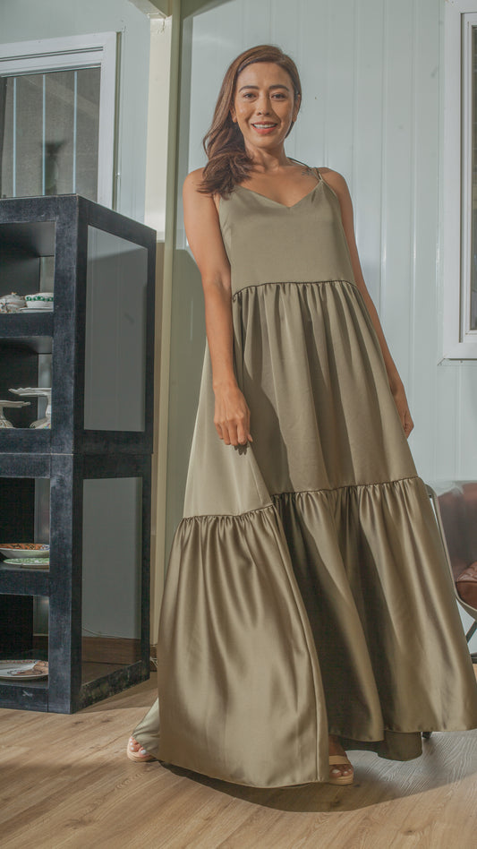 Double Strap V-Neckline Long Dress in Olive Crepe