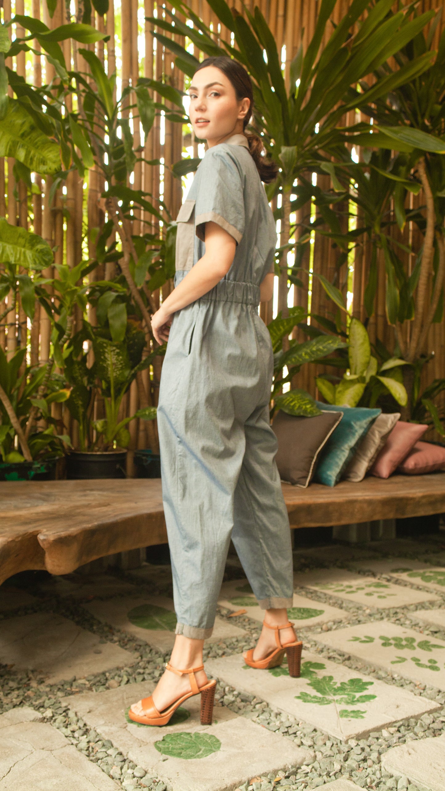 Elastic Waist Oversized Short Sleeve Baggy Jumpsuit — Light Blue / Light Brown