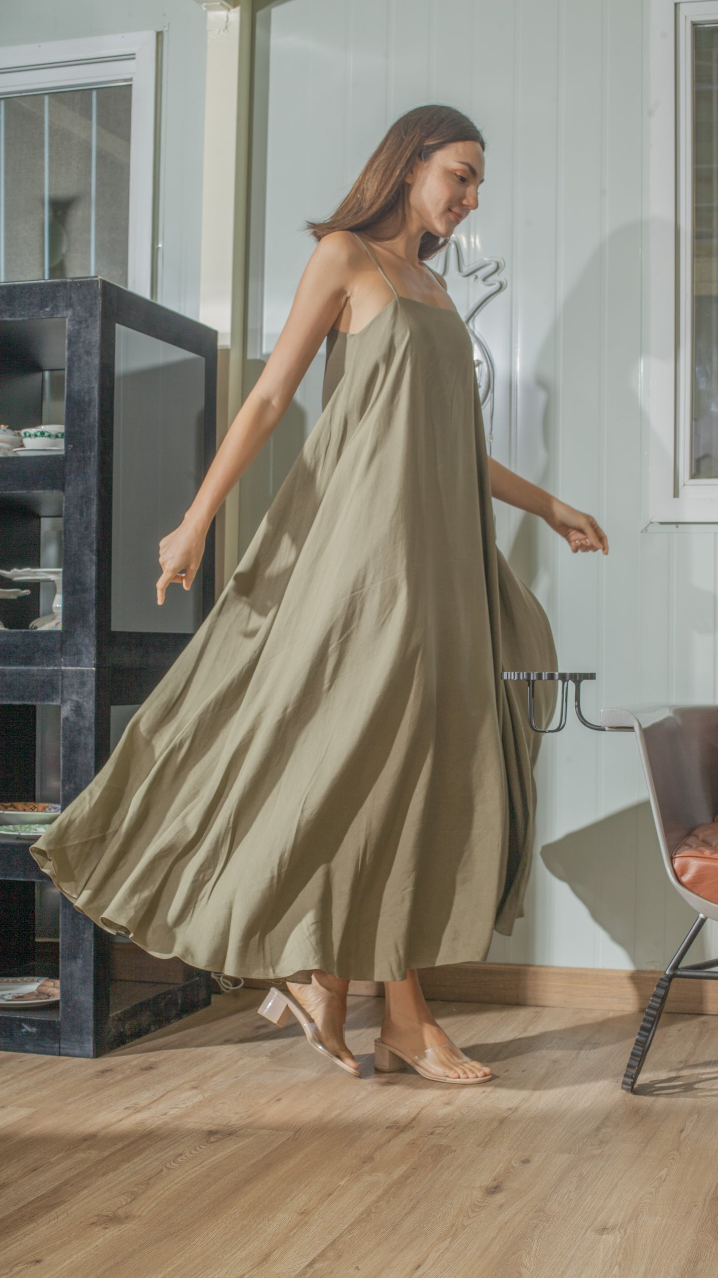 Spaghetti Strap Balloon Dress in Fatigue Green Linen