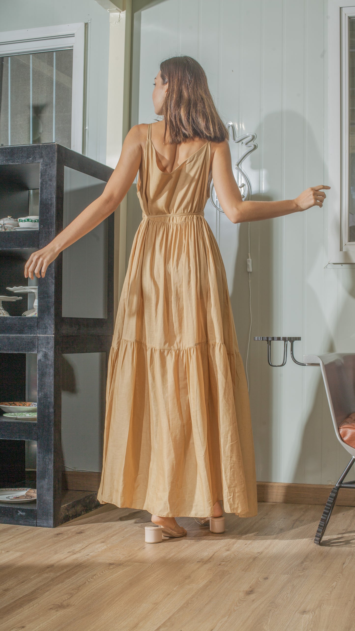 Double Strap V-Neckline Long Dress in Nude Lightweight Cotton Weave