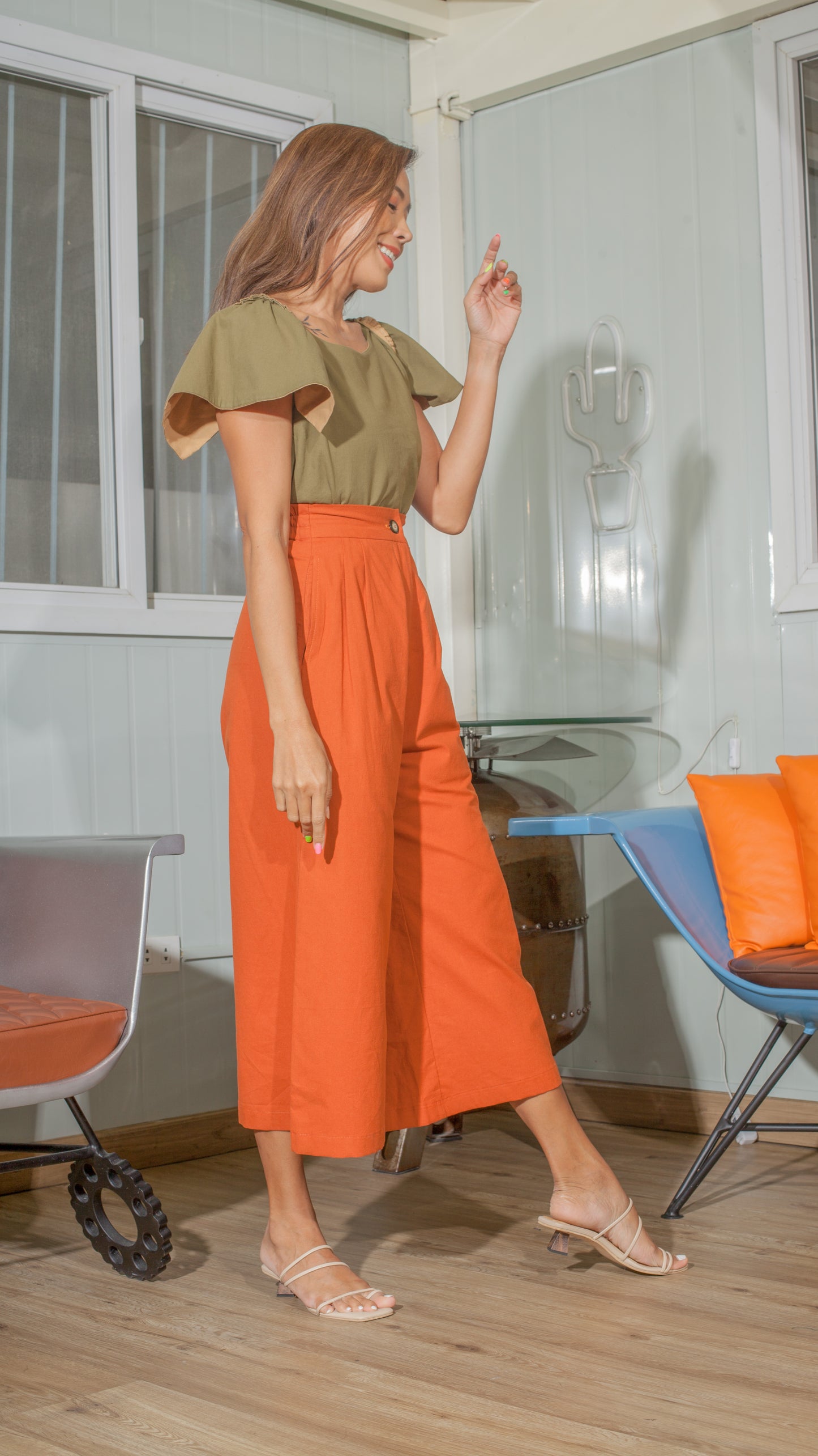 Single Button Front Zip Flat Front Waistband Back Elastic Wide Hem Pants — Copper