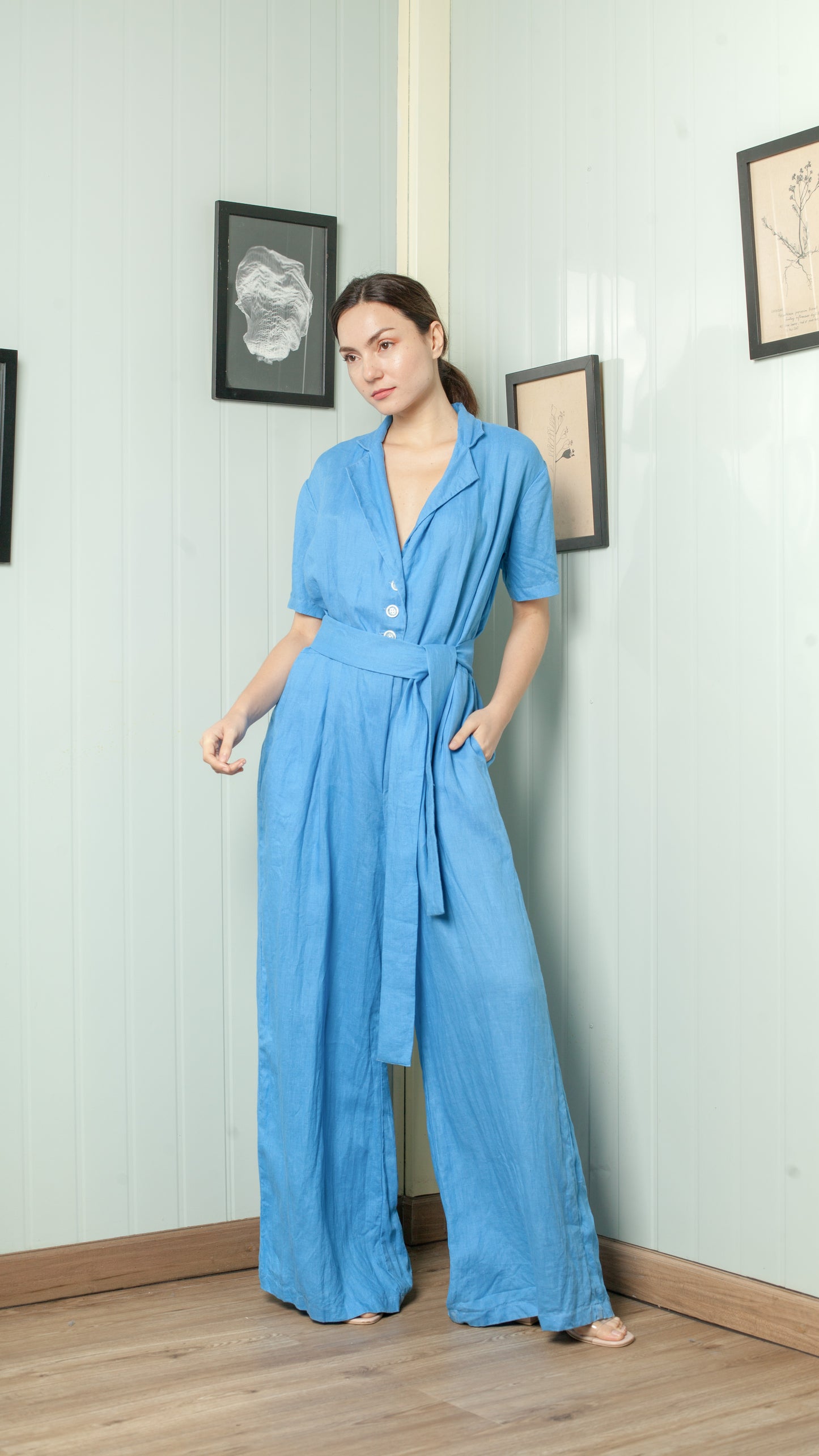 Four Button Lapel Wide Hem Jumpsuit — Azure Blue
