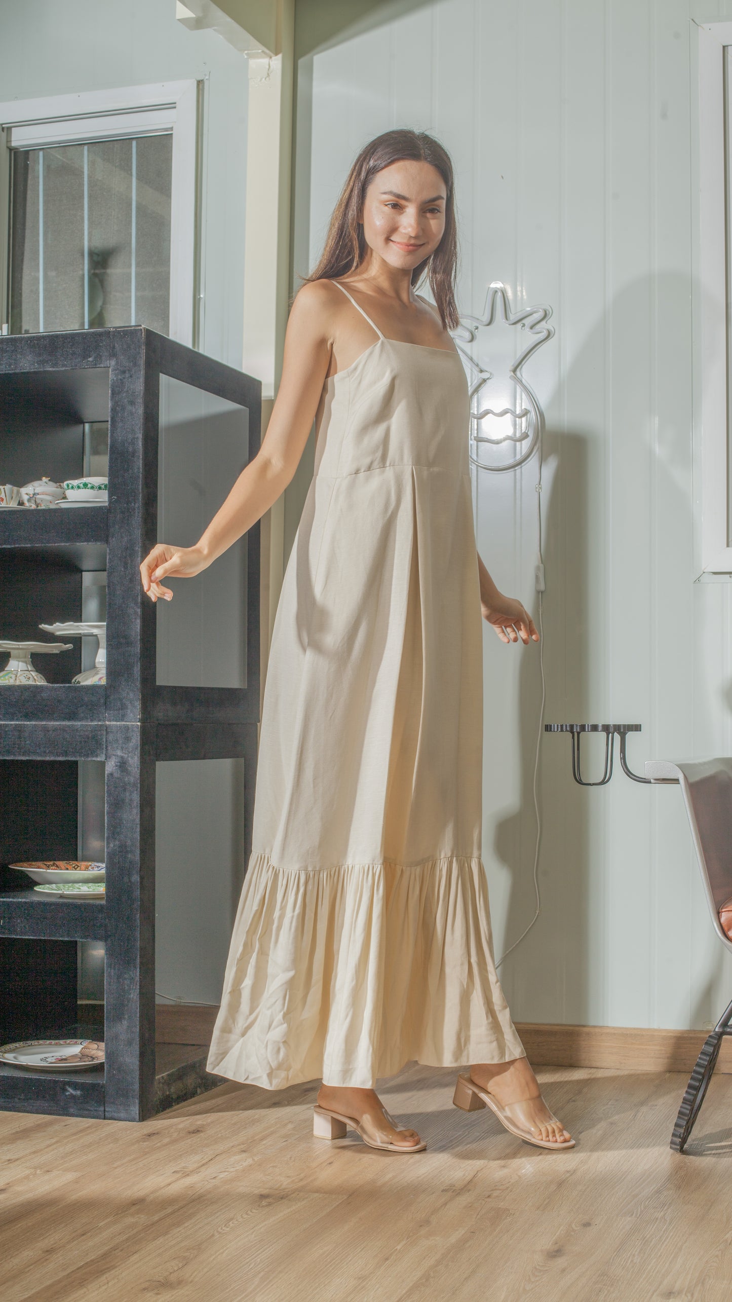 Slip On Dress in Beige Linen