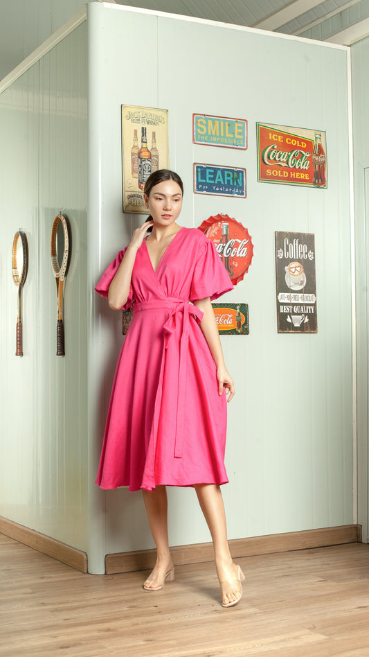 Short Mushroom Sleeve Wrap Midi Dress — Hot Pink