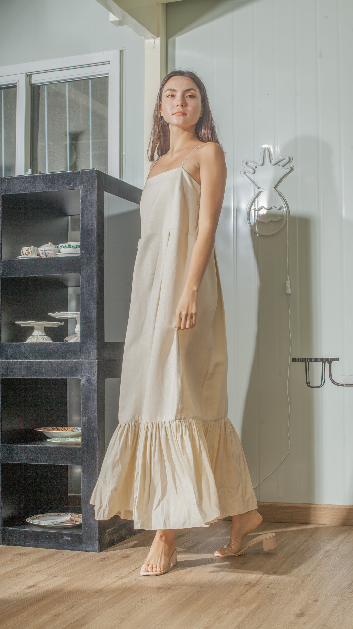 Slip On Dress in Beige Linen