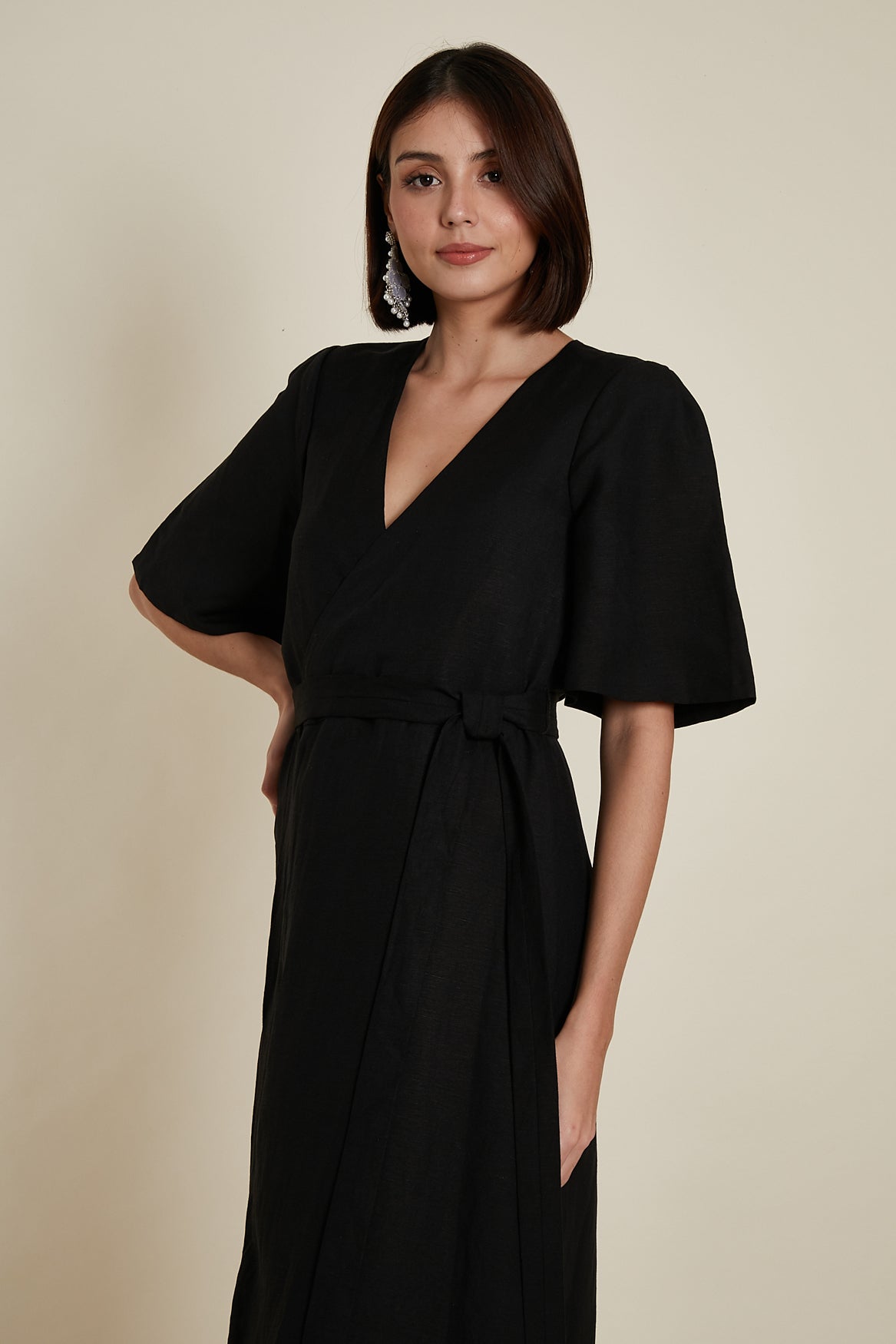 Wrap A-line Dress in Black Linen