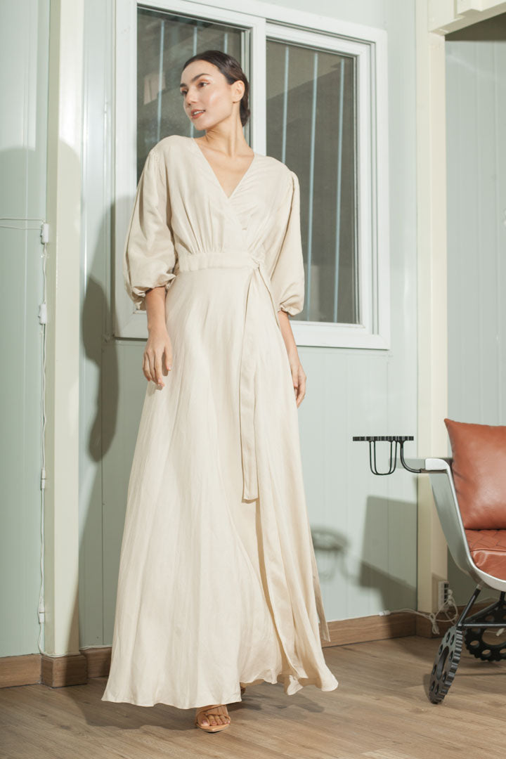 3/4 Mushroom Sleeve Wrap Long Dress — Beige