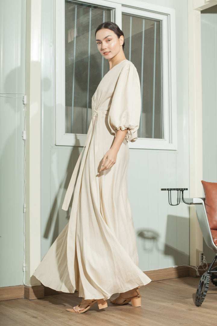 3/4 Mushroom Sleeve Wrap Long Dress — Beige