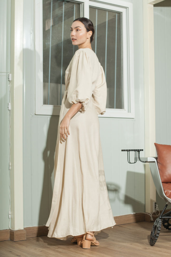 3/4 Mushroom Sleeve Wrap Long Dress — Beige