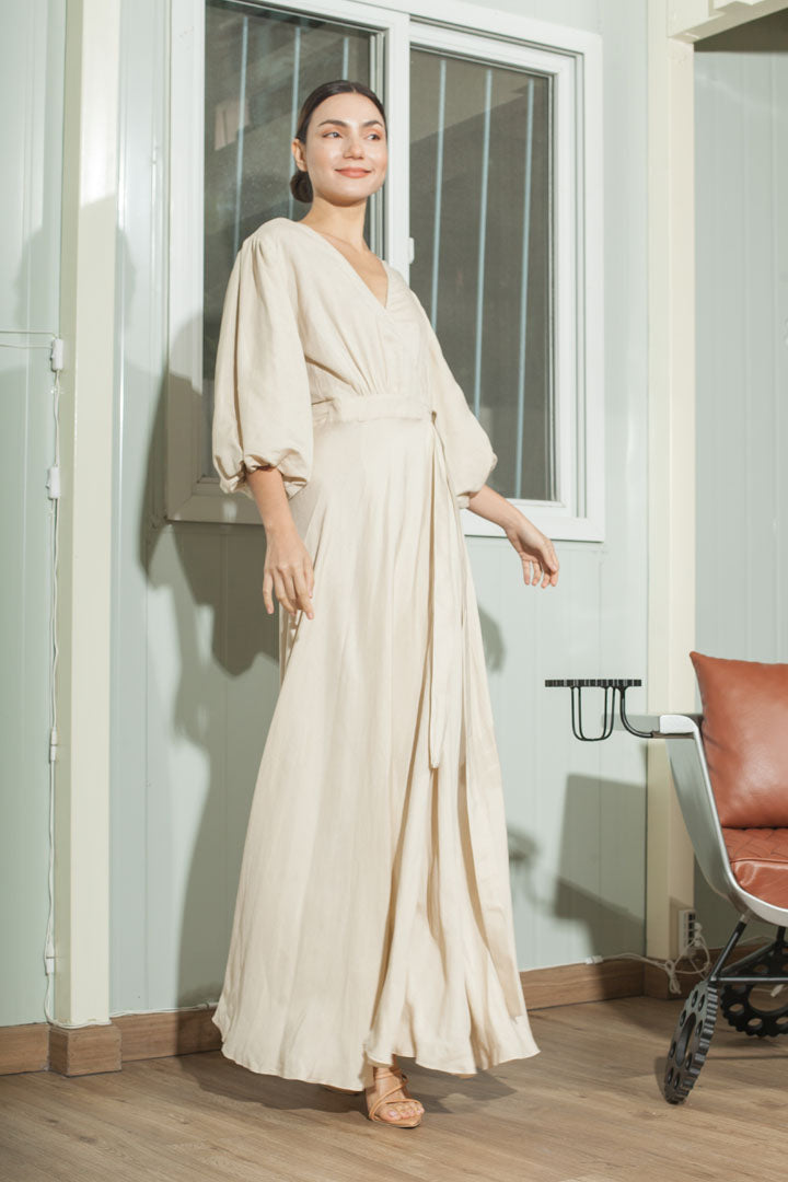 3/4 Mushroom Sleeve Wrap Long Dress — Beige