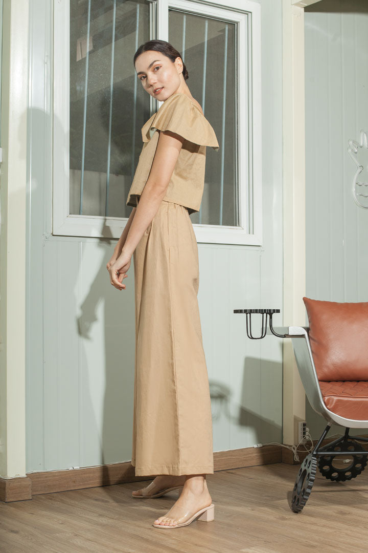 Single Button Flat Front Waistband Back Elastic Wide Hem Pants — Khaki