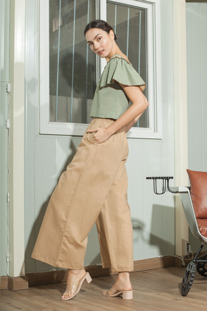 Single Button Flat Front Waistband Back Elastic Wide Hem Pants — Khaki