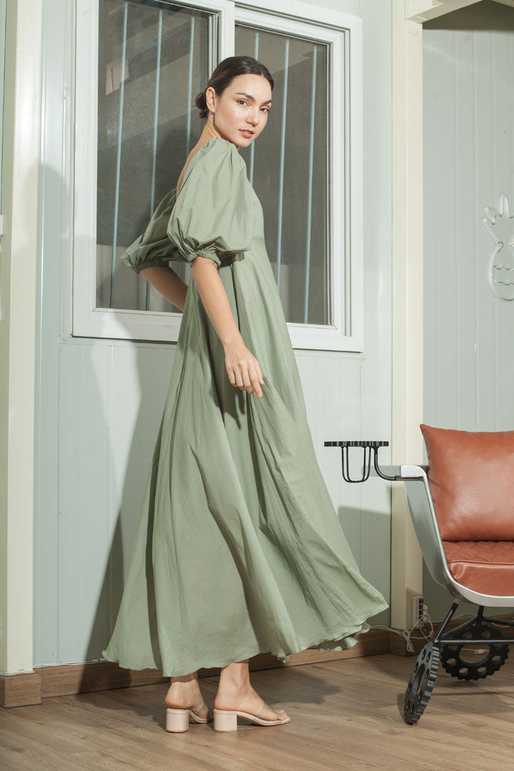 Tuck Front Detail Puff Sleeve Balloon Dress — Sage