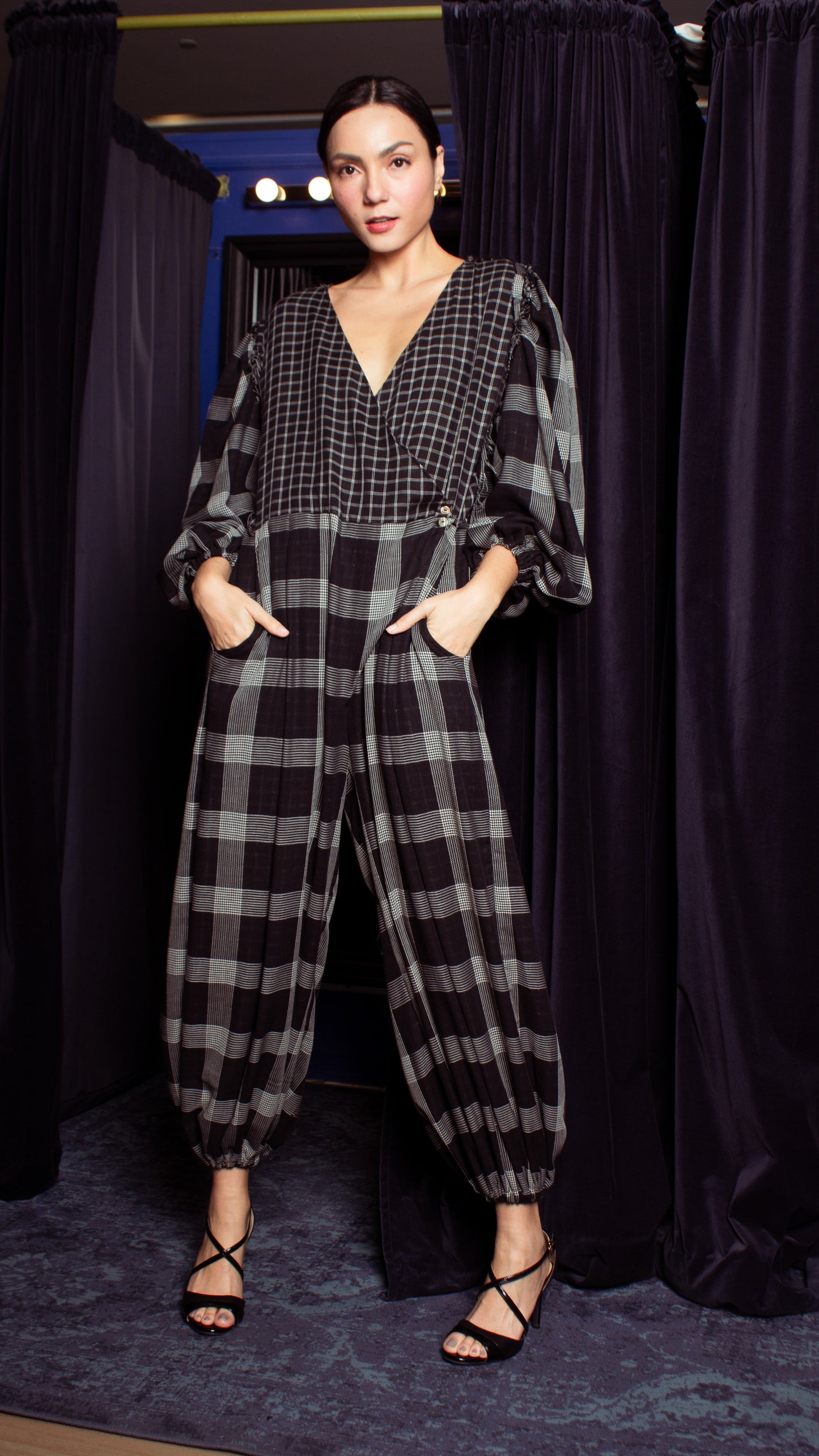 Oversized Front Wrap Jumpsuit with Detachable Wide Belt - Checks