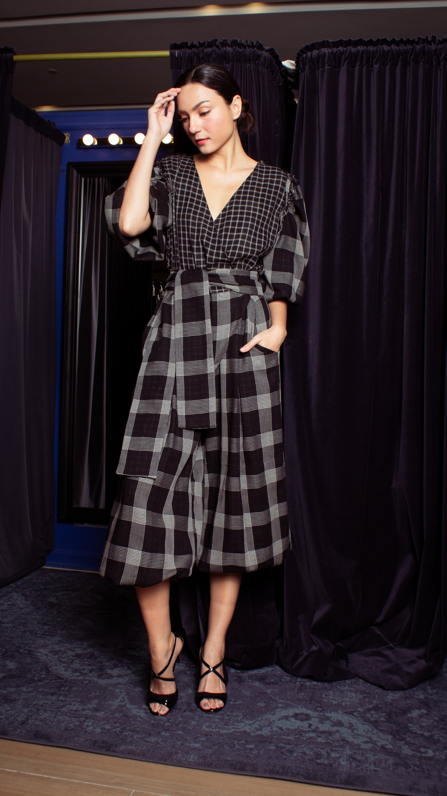 Oversized Front Wrap Jumpsuit with Detachable Wide Belt - Checks