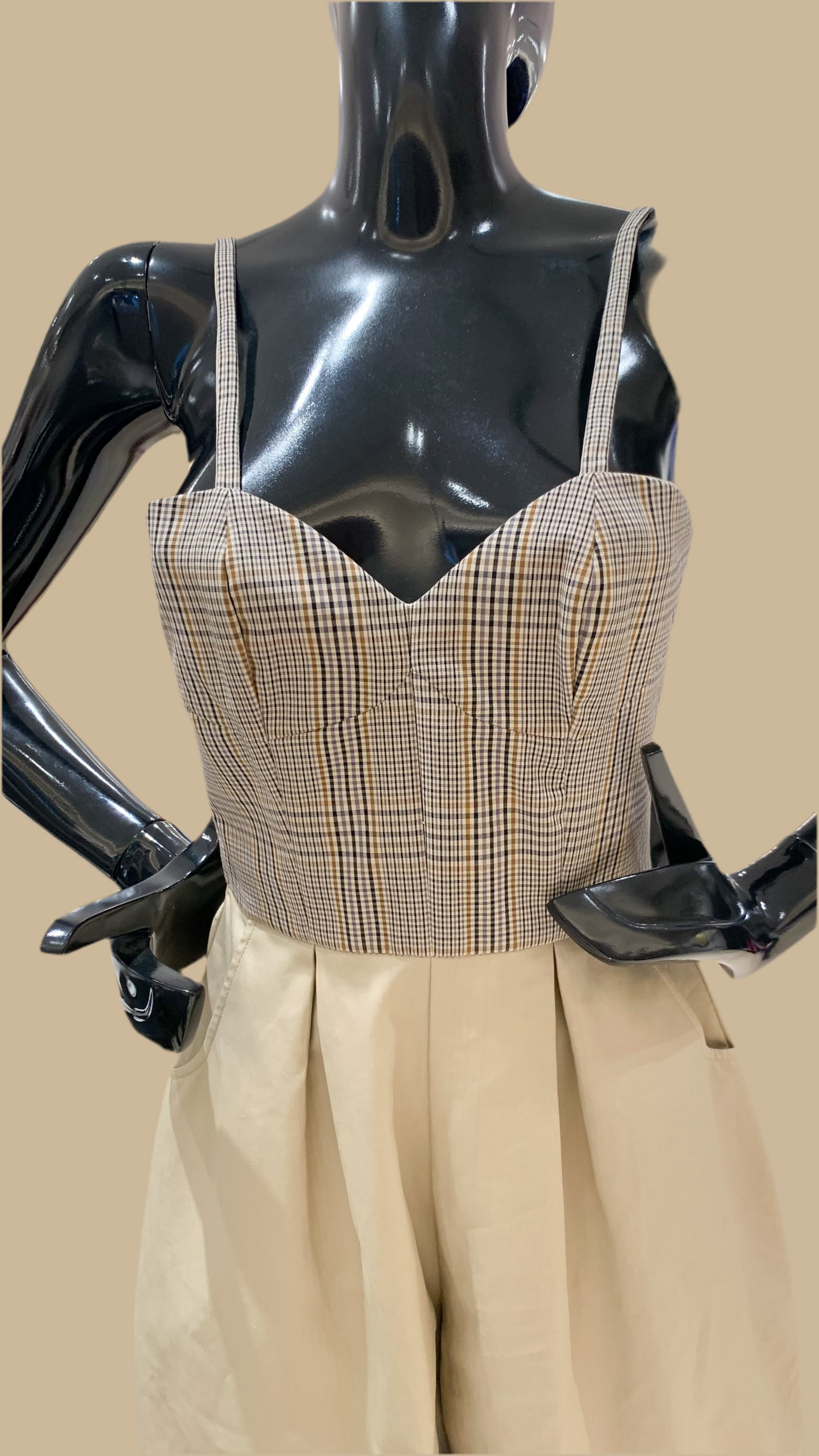 Semi-Sweetheart Baggy Jumpsuit - Khaki / Checks