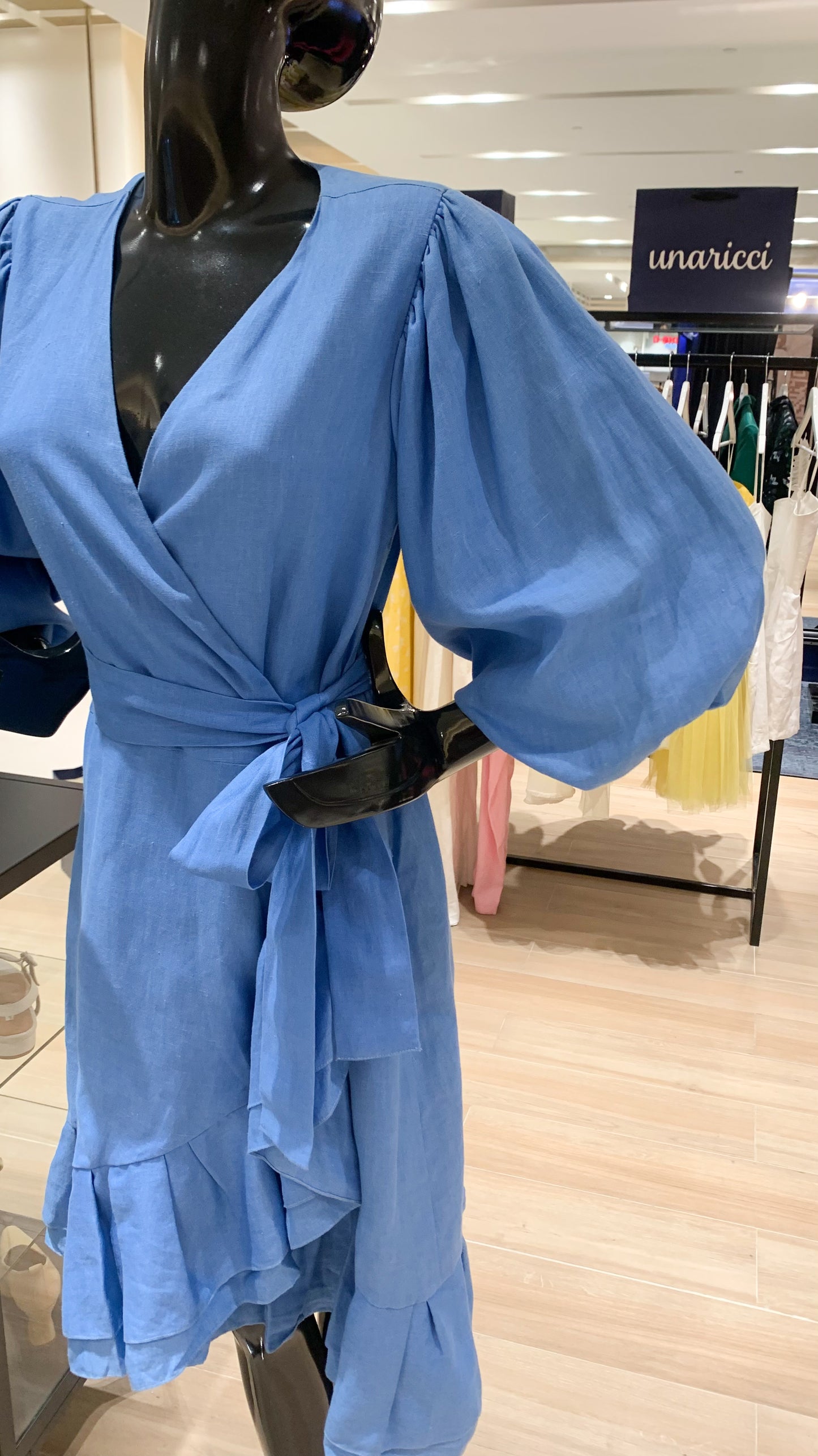 3/4 Mushroom Sleeve Wrap Pleated Hem Dress - Azure Blue Linen