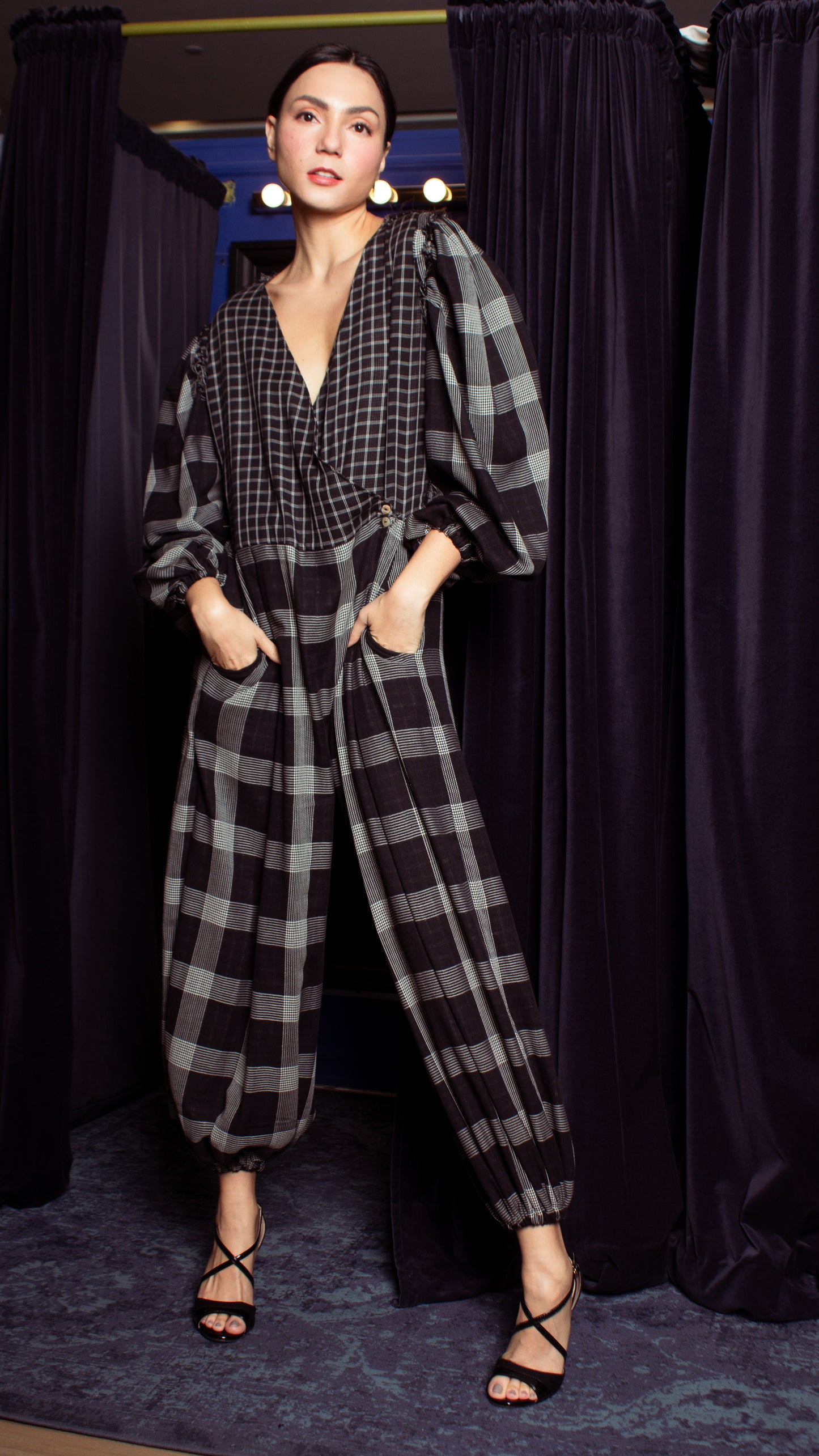 Oversized Front Wrap Jumpsuit with Detachable Wide Belt - Checks